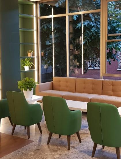 Spazio accogliente con divani, piante e libreria luminosa.